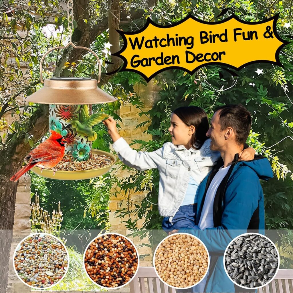 Solar Bird Feeder for Outdoors Hunging, Gifts for Mom Grandma Women, Metal Waterproof Outside Wild Bird Feeders,Cardinals Feeders, Gifts for Bird Lovers, Lantern Light, Garden Decoration