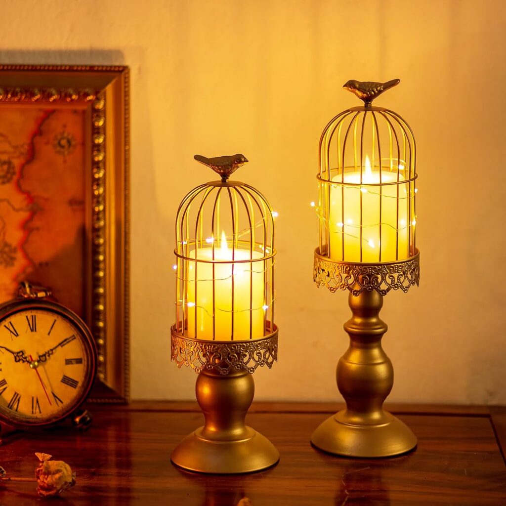 Sziqiqi Bird Cage Candle Holders - Decorative Metal Cage Candle Lanterns for Pillar Candles Vintage Birdcage for Wedding Table Centerpiece Shabby Chic Country Home Accessories Fireplace Decor