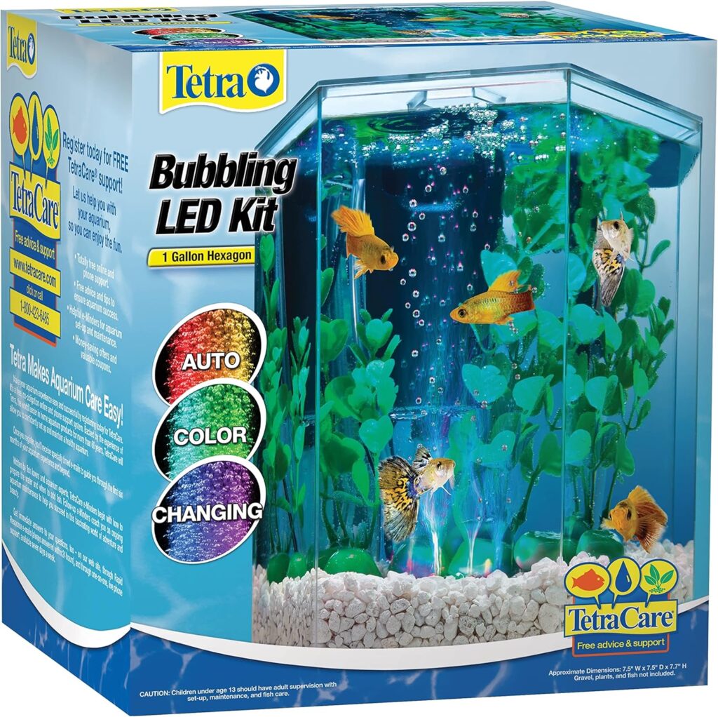 Tetra Bubbling LED Aquarium Kit 1 Gallon, Hexagon Shape, With Color-Changing Light Disc,Green (Packaging may vary) , 1 gallon (7.5 x 7.5 x 7.7)