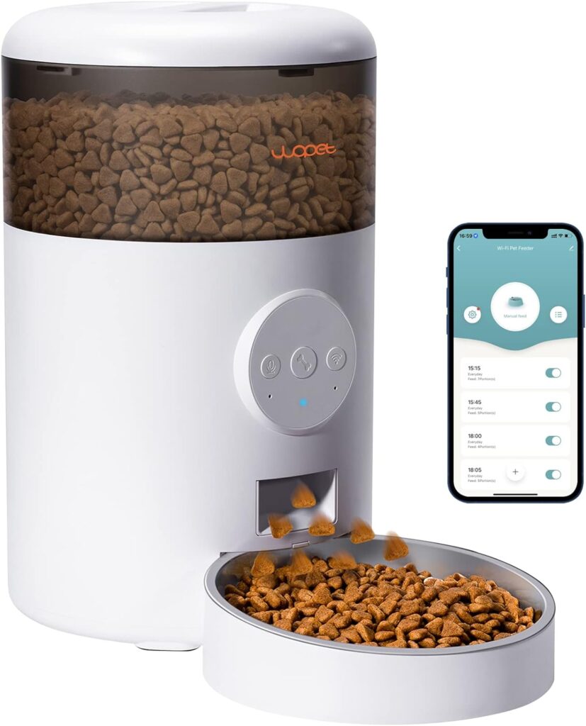 WOPET Automatic Cat Feeder, WiFi Automatic Cat Food Dispenser with APP Control, Smart Dog Feeder with Stainless Steel Bowl, Timed Pet Feeder Up to 15 Meals Daily,10s Meal Call