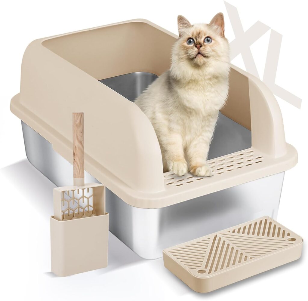 Chenove Extra Large Stainless Steel Cat Litter Box with High Wall Enclosed XL Cat Litter Box for Big  Multiple Cats Steel Litter Box with Lid, Easy Clean, Anti-Leakage, Non-Sticky