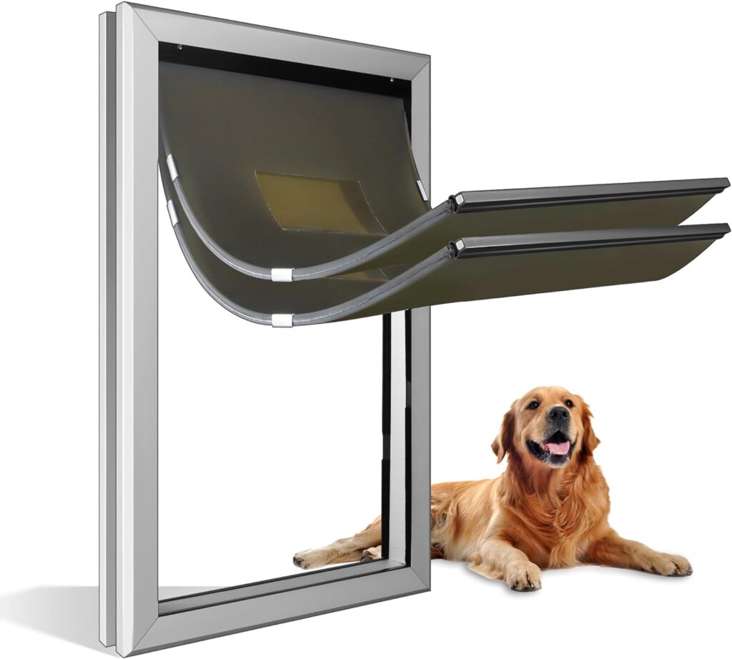 Extra Large Aluminum Dog Door, Weatherproof Dog Door with Sliding Locking Panels, Retractable Tunnel for X-Large Dogs, Double Curtain Magnetic Dog Door