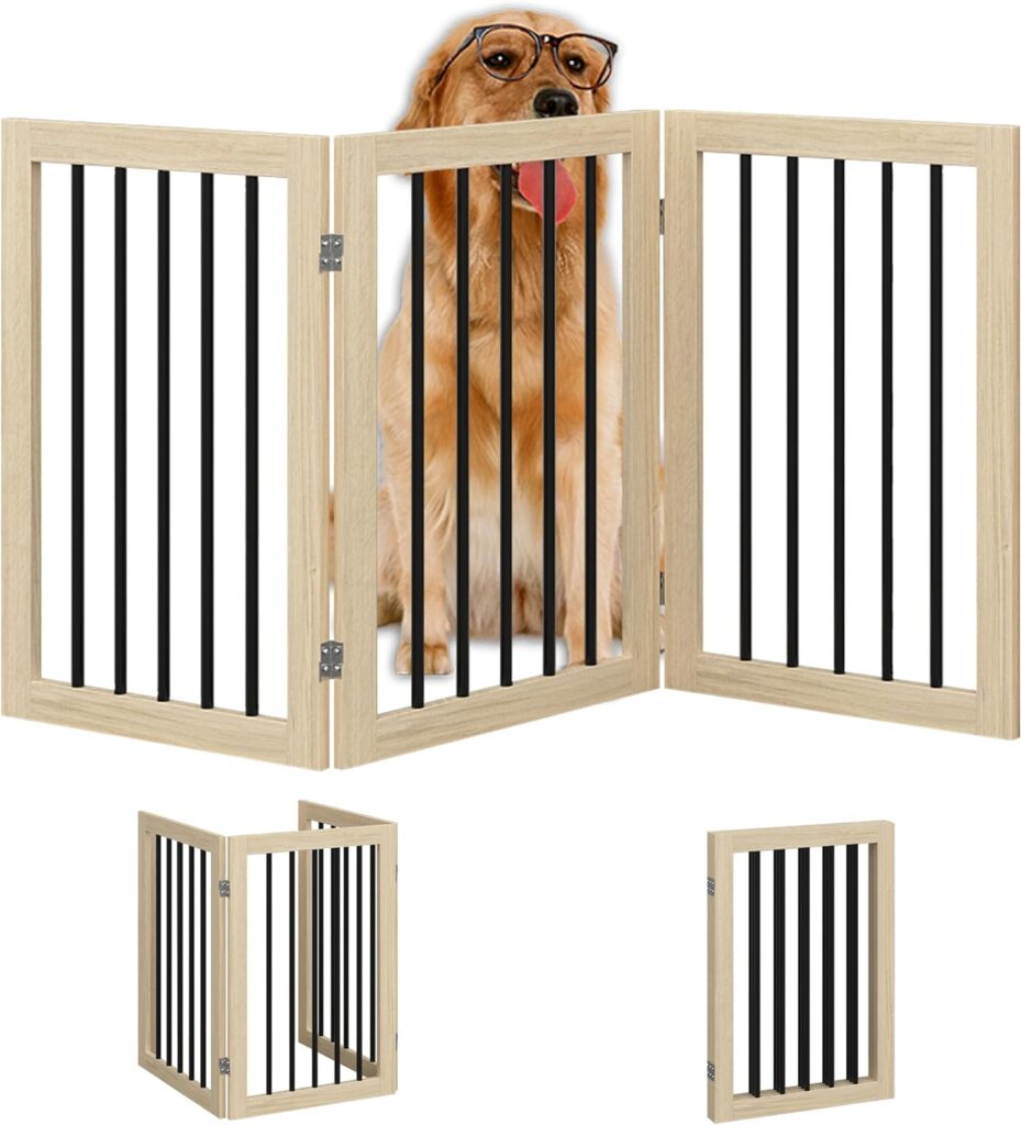 Folding Pet Gate 54 Wide, 30 Tall No-Assembly Wooden Dog Gate, Freestanding Pet Gate, Pet Puppy Safety Fence - Brown