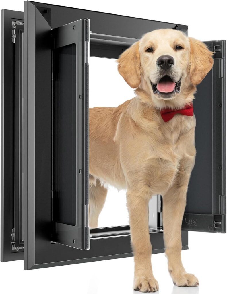 Luxurious Dog Doors,Aluminum Frame,Strong Swing Double Magnetic Flaps Heavy-Duty Pet Door,Security Lock,Energy Efficient,Easy to Install for Interior/Exterior Door (Large,Black)