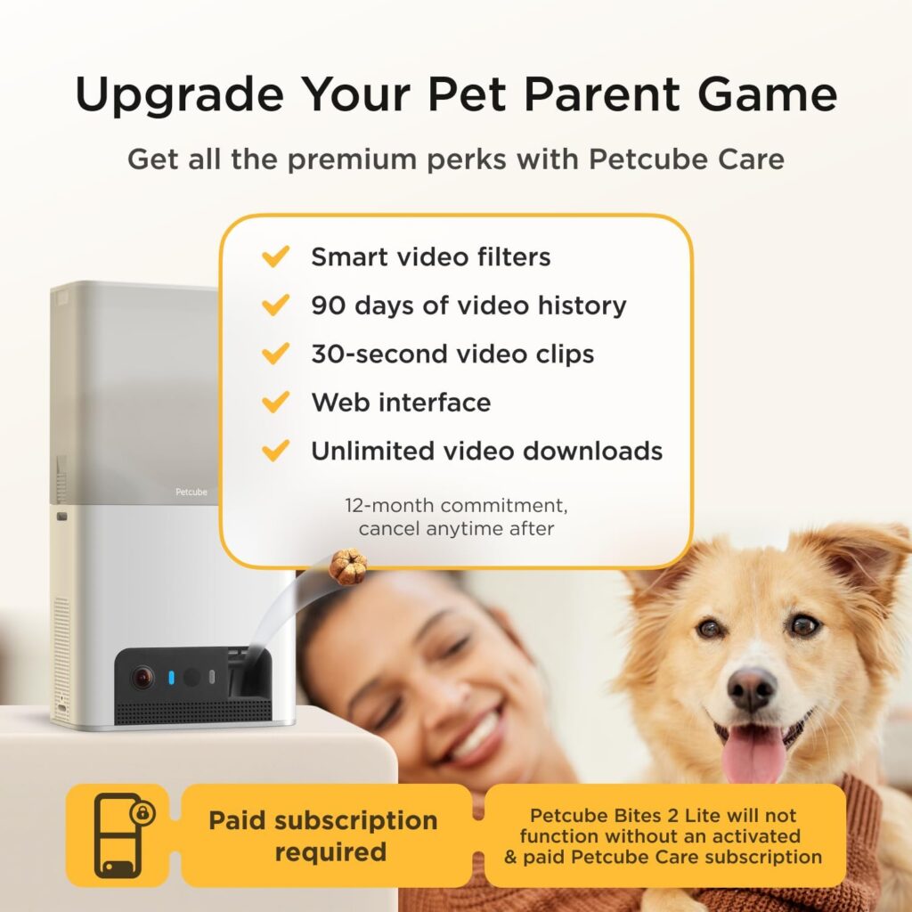 Petcube Bites 2 Lite Interactive WiFi Pet Monitoring Camera with Phone App and Treat Dispenser, 1080p HD Video, Night Vision, Two-Way Audio, Sound and Motion Alerts, Cat and Dog Monitor