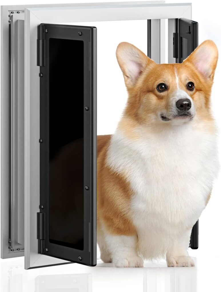 Premium Dog Door, PETOUCH Aluminum Pet Door with Double Panels, Doggie Door with Automatic Closing Magnetic Flaps, Slide-in Panel  4 Security Locks, Weather Resistant  Durable Use, Medium