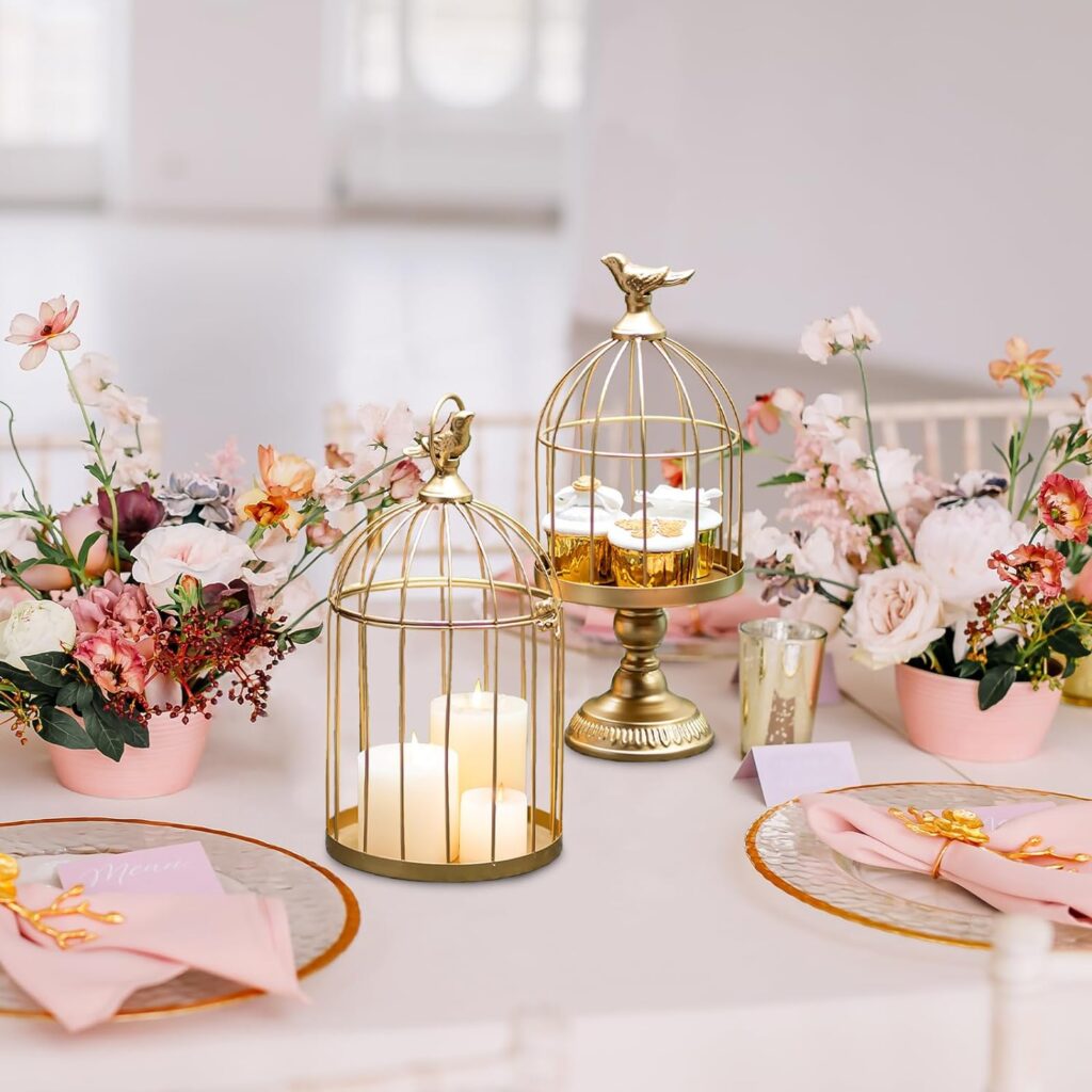 Sziqiqi Gold Candle Lanterns Decorative Birdcage for Wedding - Large Rustic Bird Cage Lanterns Metal Pillar Candle Holder Flower Arrangement for Fireplace Decor Mantle Patio