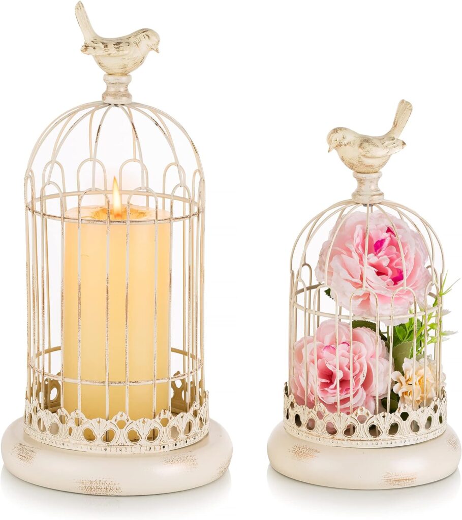 Sziqiqi White Candle Lanterns Decorative for Wedding - 15inch Rustic Birdcage Lanterns Metal Pillar Candle Holder for Fireplace Decor Mantle Patio Home