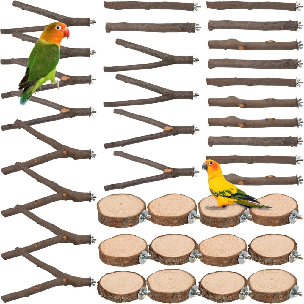 9 PCS Bird Perches Stand Toy, Natural Wood Parrot Perch Stand Bird Cage Branches Platform Accessories for Parakeets Cockatiels Conures Macaws Finches Love Birds