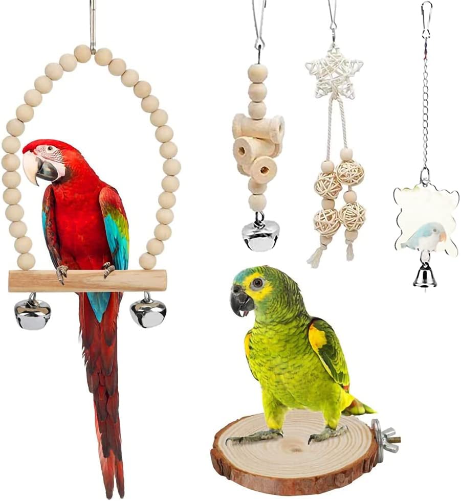 9 Pieces Parrots Chewing Natural Wood and Rope Bungee Bird Toy for Anchovies, Coconut Hideaway with Ladder,Bird Perch Stand, Bird Cage Accessories, Parakeets, Cockatiel, Conure, Mynah, Macow