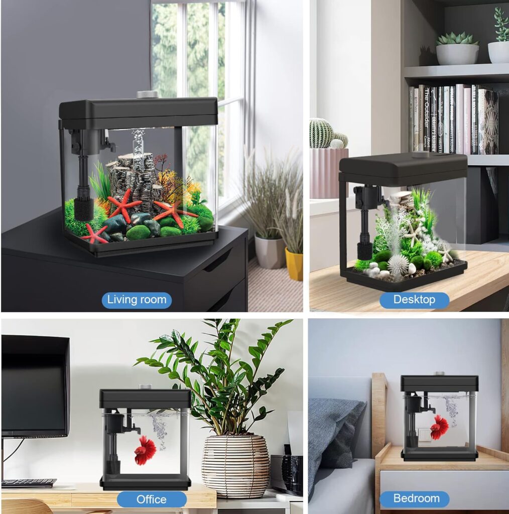 AQQA 1.5 Gallon Aquarium Kits Desktop Small Fish Tank with Filter and Light (8 Colors Adjustable) Freshwater  Saltwater Betta Fish Tank Kit Office  Home Decor (Black)
