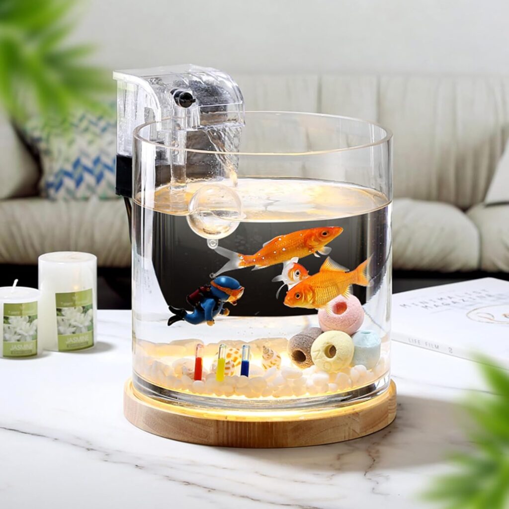 Aquarium Starter Kits 0.81-Gallon Fish Tank（6 inches） for Beginner Cylindrical Betta Fish Bowl with Wooden Base LED Light Water Pump Accessories Self-Cleaning Filter Copyright Patent