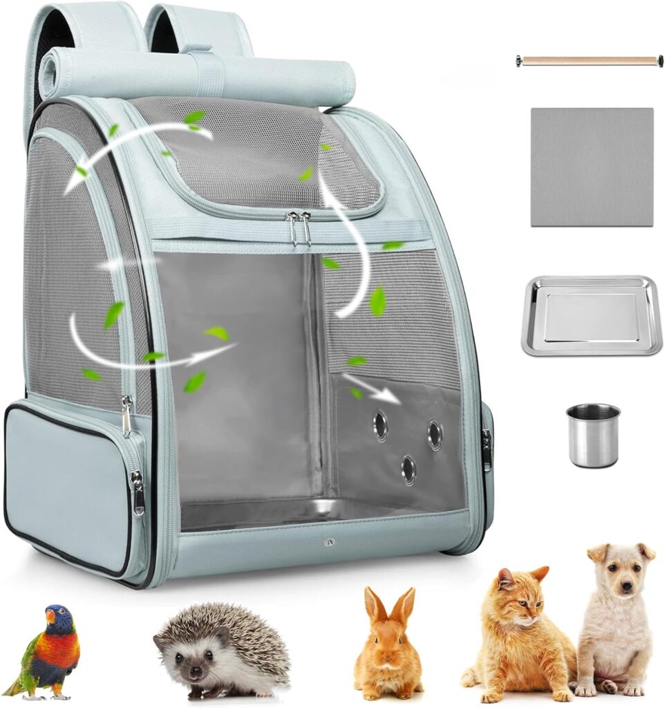 Bird Carrier Backpack Cage (Space Grey), Carrier with Stainless Steel Foodbowl and Stainless Steel Tray  Wooden Standing Perch, Bird Travel Cage for Small Birds, Green Cheek, Cockatiel, Parrot