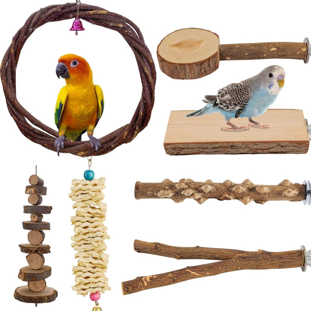 Bird Perch Bird Toys Parakeet Toys, 7 PCS Bird Swing Chewing Toys Natural Wood Bird Cage Accessories Suitable for Small Parakeets, Cockatiels, Conures, Finches, Budgie, Parrots, Love Birds