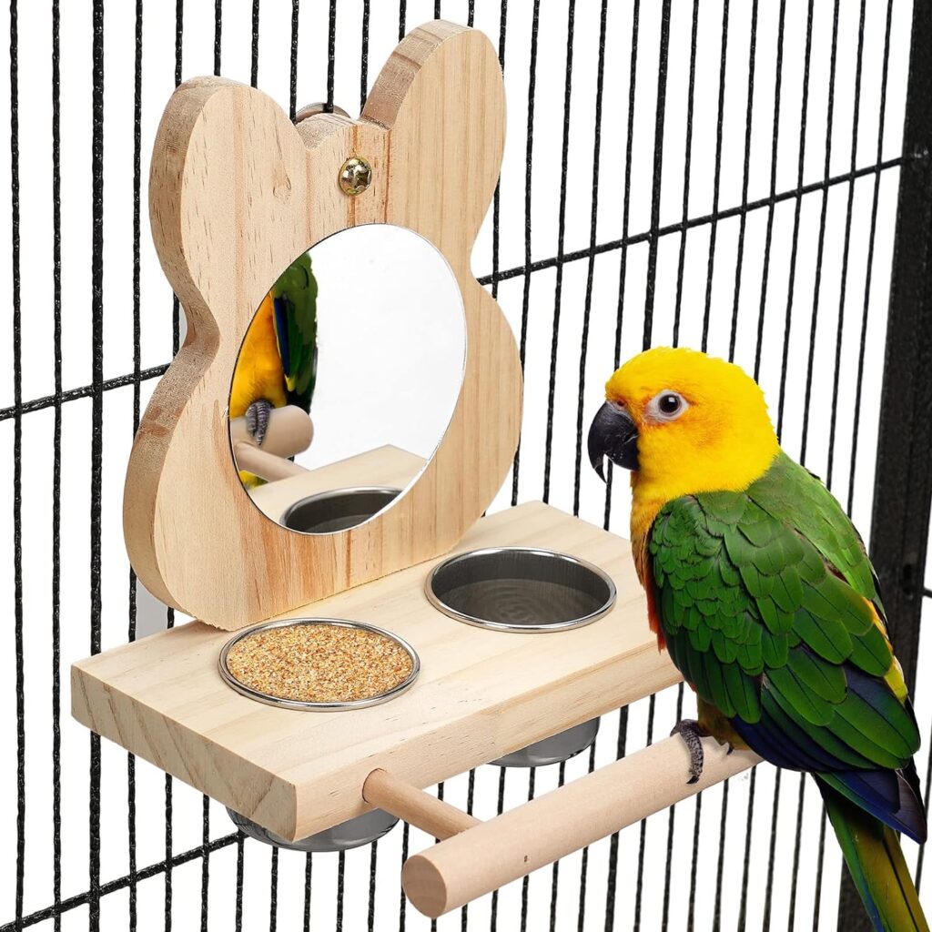 Bird Perch with Mirror and Stainless Steel Feeding Cups,Wooden Parrot Mirror Toy for Bird Cage, Bird Food Water Feeder Perches for Budgie Parakeet Lovebird African Grey Macaw Cockatiels