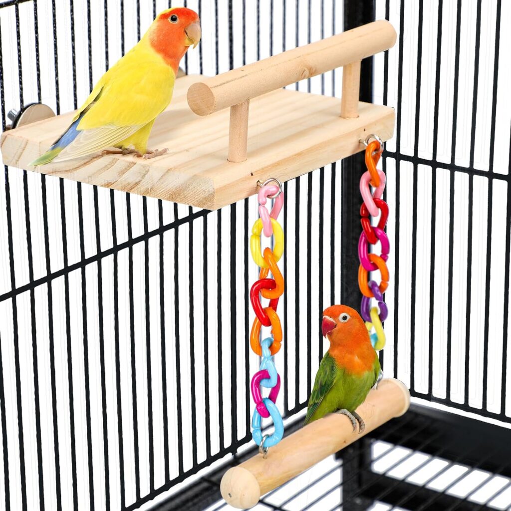 Bird Perches Cage Toys Parrot Wooden Platform Play Gyms Exercise Stands with Acrylic Wood Swing Ferris Wheel Chewing for Animals Green Cheeks, Baby Lovebird, Chinchilla, Hamster Budgie