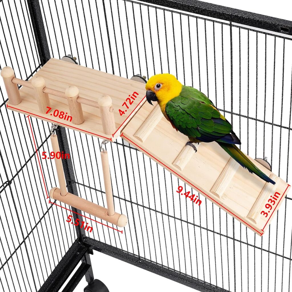 Bird Perches Platform Swing with Climbing Ladder, Parakeet Cage Accessories Wooden Playing Gyms Exercise Sturdy for Small Birds