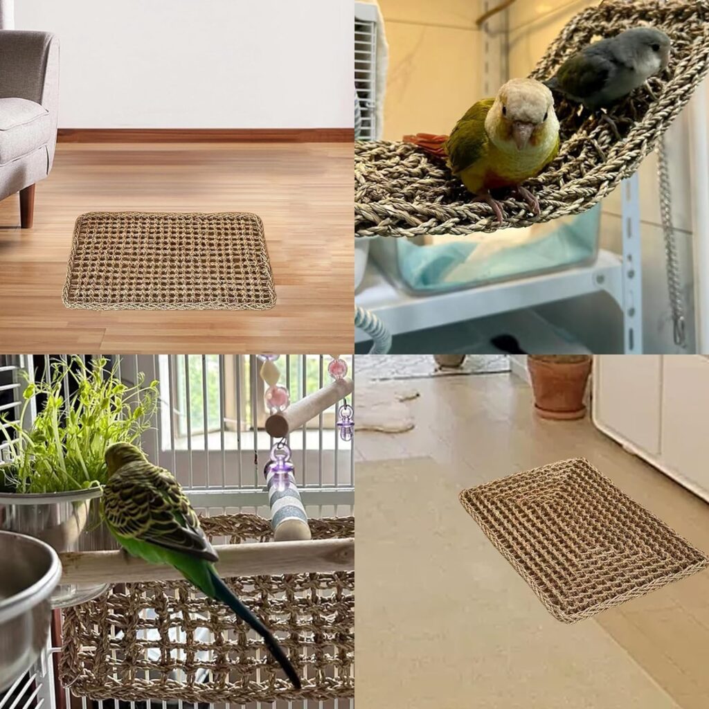 Bird Seagrass Mat,Natural Grass Woven Net Hammock Hanging on Parrot Cage with 4 Hooks,Parakeet Climbing Rope Ladder Chew Toys for Lovebird Cockatiel Conure Budgie,Cockatoo Supplies 29.5 x 7