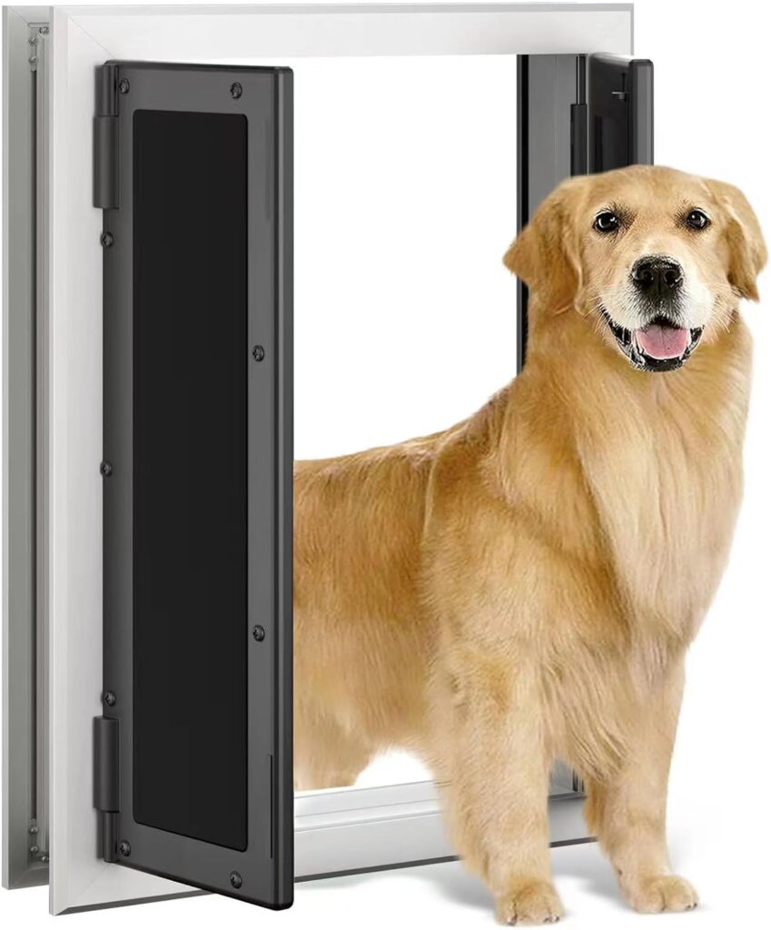 Dog Door, Doggy Door with Double Panels, Doggie Door with Automatic Closing Panels for Energy Efficient, Dog Doors for Large Dogs with Telescoping Tunnel  Aluminum Frame, Closing Panel Included