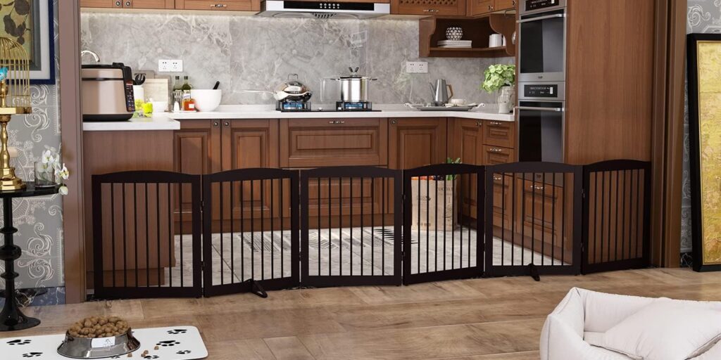 Freestanding Pet Gate for Dogs, Foldable Wooden Dog Gate for House, Extra Wide Dog gate, Indoor Dog Gate for Stairs, Doorways, Halls, Support Feet Included, 120 Inch Wide, 6 Panels 24, Brown