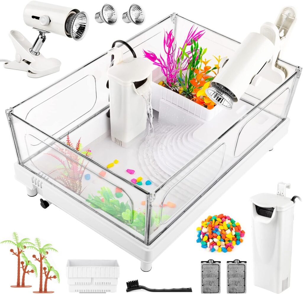 Geegoods Turtle Tank Kit, Small Turtle Tank Starter Kit, Turtle Aquarium with Light, Filter, Colored Rocks, Brush and Small Plant for Turtles, Crabs, Crayfish, Small Reptiles