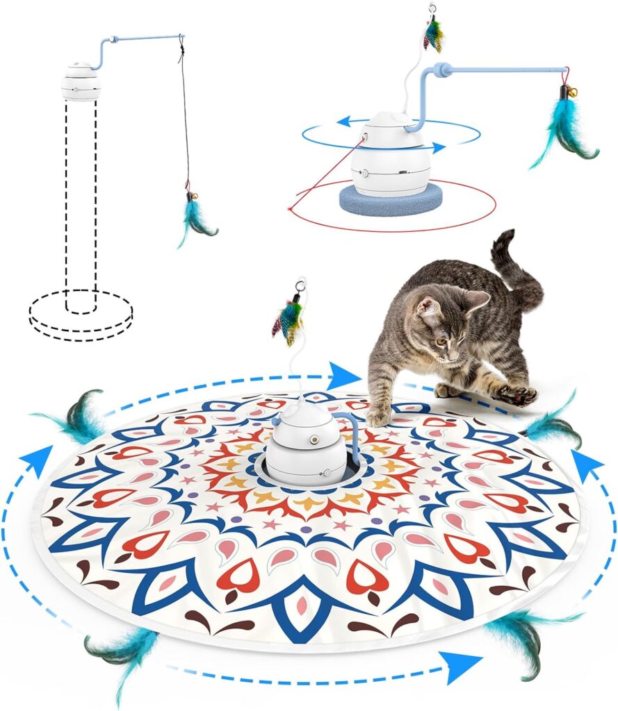 Interactive Cat Toys Automatic, 4 Games in Cat Laser Toy, 3 Speeds HideSeek Electronic Rechargeable Kitten Exercise Chasing Wand with Moving Feather, Realistic Slug, Colorful Cover