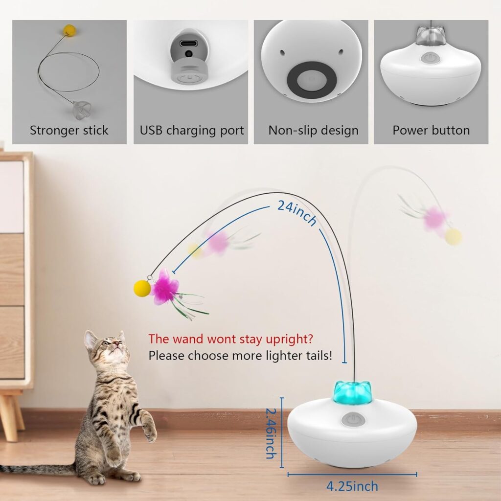 Interactive Cat Toys Cat Exercise Tumbler, Rechargeable Cat Toys for Indoor Cats Spin Butterfly Game Teasing Kitty, Extra Long Feather Wand (P33 cat Toys)