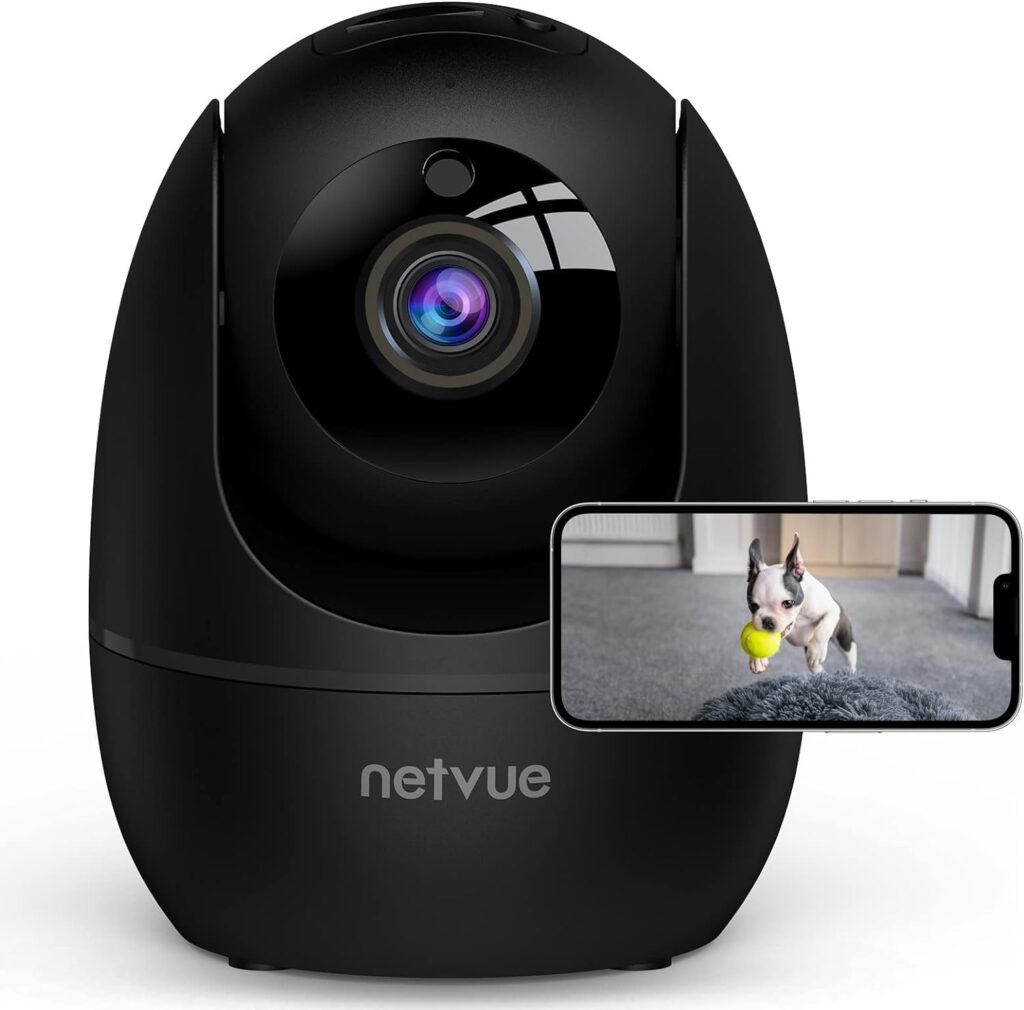 NETVUE Indoor Camera, 1080P FHD 2.4GHz WiFi Pet Camera, Home Camera for Pet/Baby, Dog Camera 2-Way Audio, Indoor Security Camera Night Vision, AI Human Detection, Cloud Storage/TF Card, Black (Black)