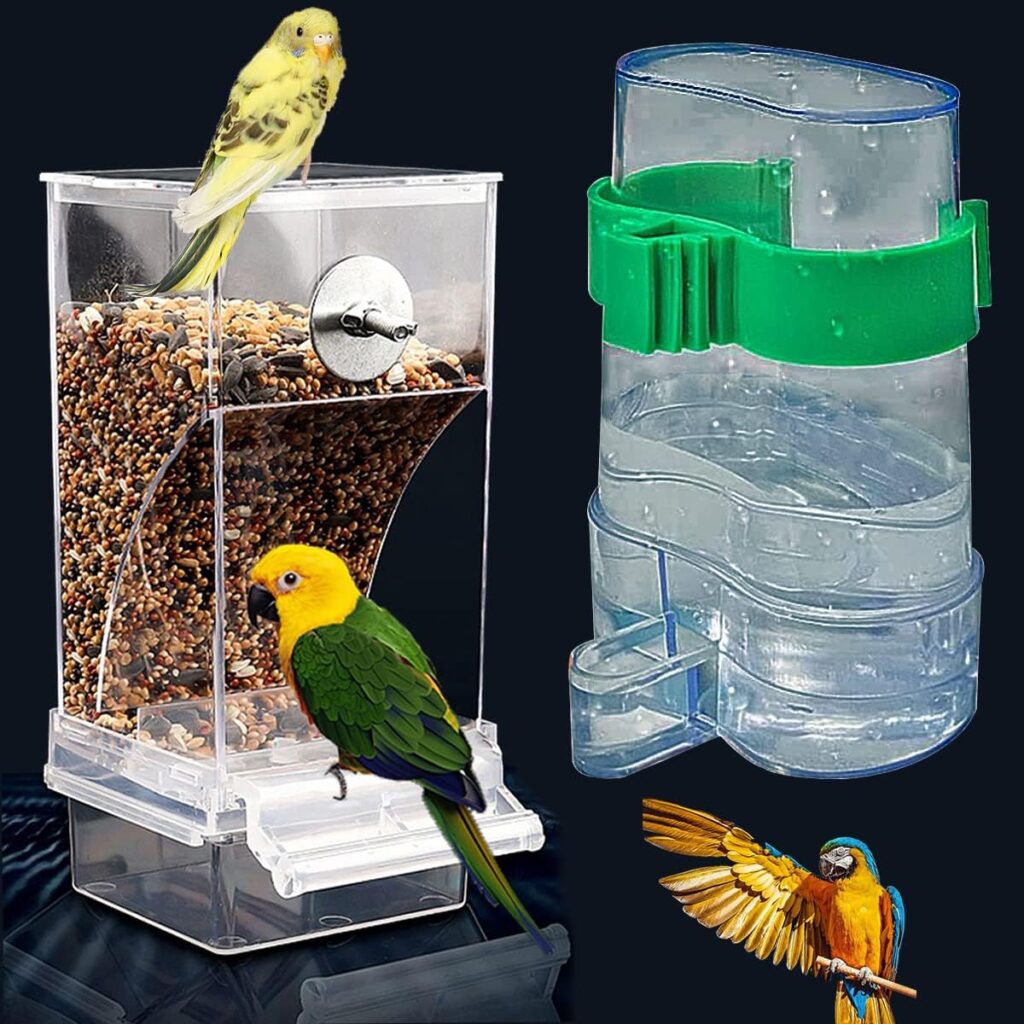 No Mess Bird Feeder Water Dispenser Set, Automatic Parrot Feeder Cage Accessories, Acrylic Parakeet Seed Food Feeder Drinker for Cage, Cockatiel Squirrel Finch Lovebirds Budgies Canary