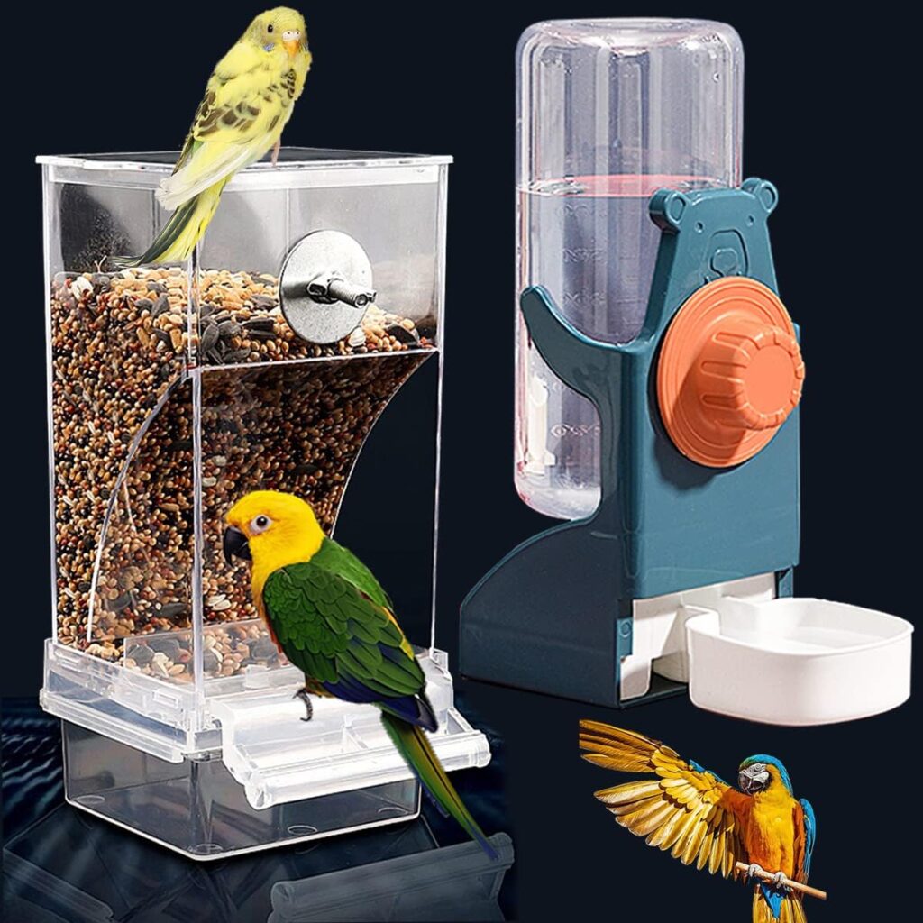 No Mess Bird Feeder Water Dispenser Set, Automatic Parrot Feeder Cage Accessories, Clear Parakeet Seed Container Food Feeder Drinker for Cage, Cockatiel Squirrel Finch Lovebirds Budgies Canary