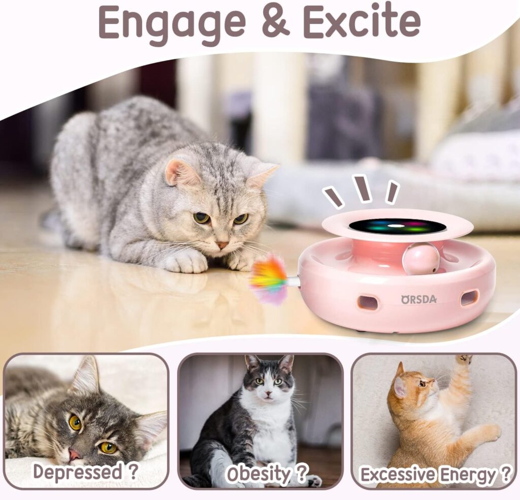 ORSDA 2in1 Interactive Toys for Indoor Cats, Timer Auto On/Off, Cat Toy Balls  Ambush Electronic Cat Mice Toy for Entertainment with 6pcs Feathers, Dual Power Supplies