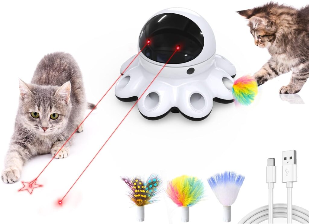 ORSDA Cat Laser Toy, 2-in-1 Interactive Cat Toys for Indoor Cats, Automatic Laser Pointer Cat Toy, 8 Holes Mice Whack A Mole Moving Feather, USB Rechargeable Electronic Kitten Toys for All Breeds