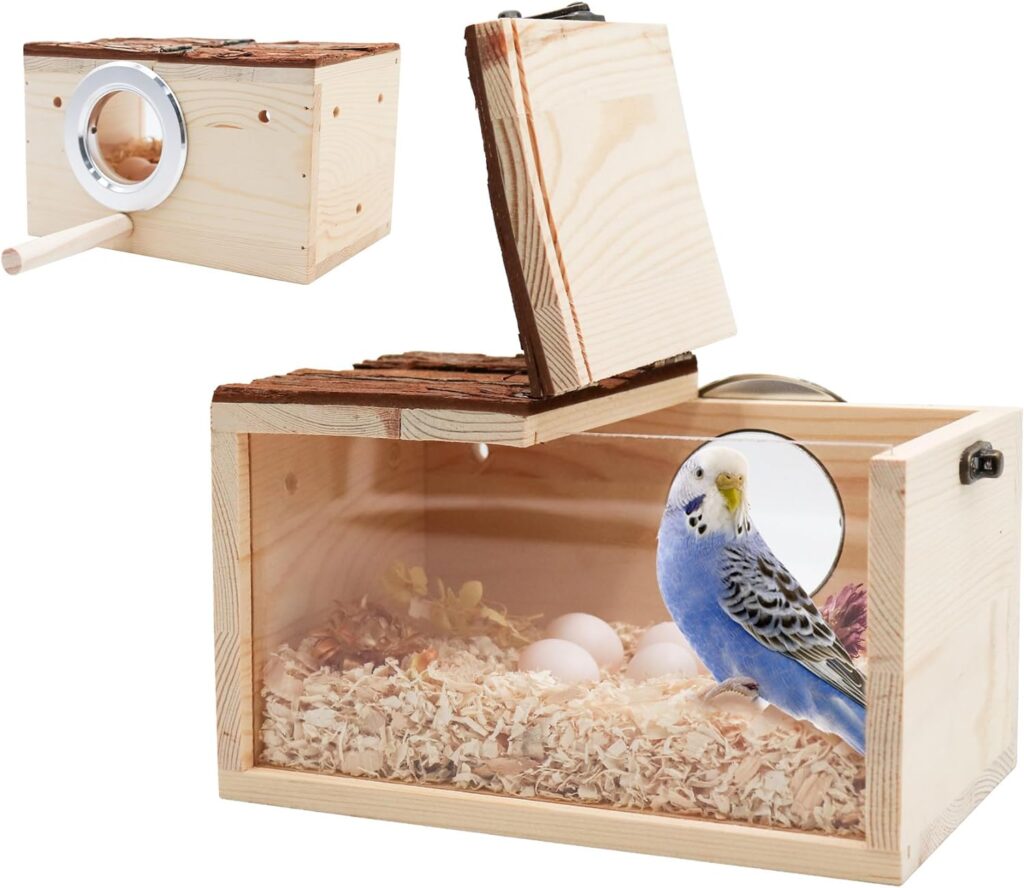 Parakeet Nesting Box, Bird Nest with Perch, Natural Wood Parrot House for Cage, Transparent Parakeet Breeding Box, Suitable for Small Birds Parrot Cockatiel Lovebirds 7.9 × 4.7 × 4.5 Inches