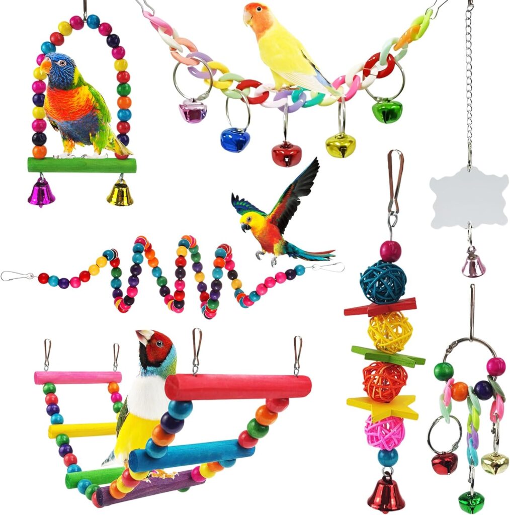 Parakeet Toys,7 Pcs Colorful Bird Toys for Parakeets,Pet Bird Cage Hammock Swing Climbing Ladders Chewing Toy Mirror Hanging Bell Wooden Perch for Budgerigar,Conures, Love Birds,etc