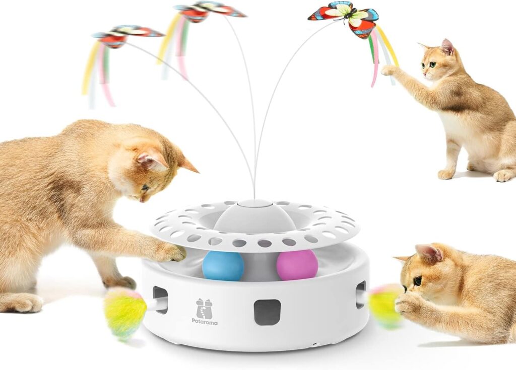 Potaroma Cat Toys 3in1 Automatic Interactive Kitten Toy, Fluttering Butterfly, Moving Ambush Feather, Track Balls, Dual Power Supplies, USB Powered, Indoor Exercise Kicker (Bright White)