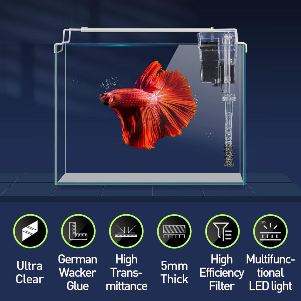 Rimless Glass Aquarium Starter Kit (3 Gal), Ultra Clear Low Iron Glass Fish Tank Set, Small Beta Fish Tank  Filter with Surface Skimmer  3-Mode LED Light