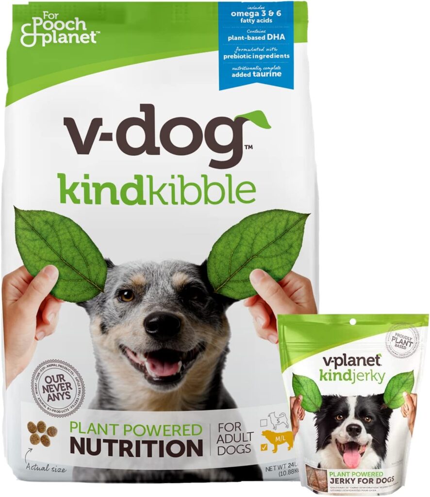 V-dog Plant Based Bundle for Large Dogs: Vegan 24LB Kind Kibble Dry Dog Food with Plant Based Protein and Plant-Based Savory Jerky