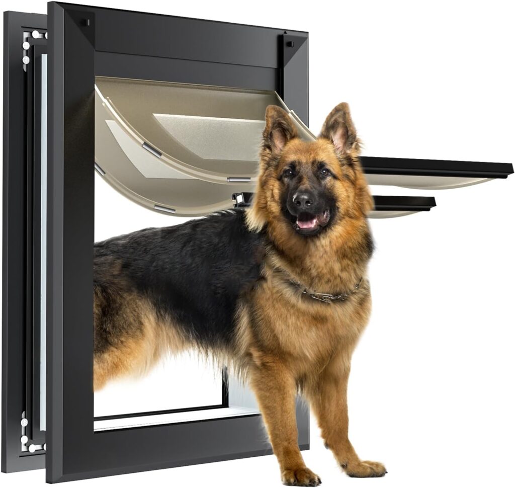 Weatherproof Large Dog Doors for Large Dogs Telescoping Tunnel Aluminum Frame Two Wind Deflectors Magnetic Double Flaps Heavy Duty Pet Door Lock Up to 110 Lbs (Black,Large)