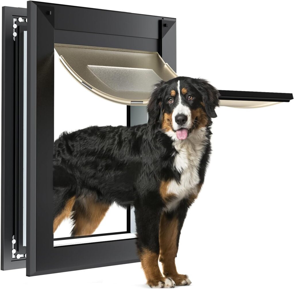 Weatherproof Large Dog Doors for Large Dogs Telescoping Tunnel Aluminum Frame Two Wind Deflectors Magnetic Single Flap Heavy Duty Pet Door Lock Up to 220 Lbs (Dull Black,X-Large)