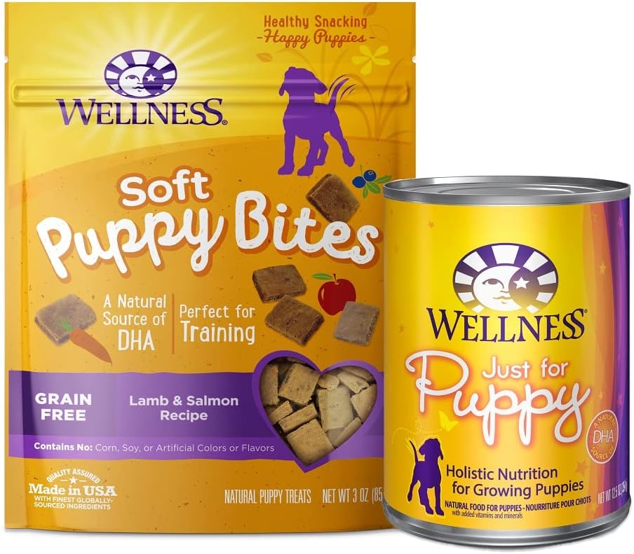 Wellness Puppy Food Starter Pack: Just For Puppy Natural Wet Canned Dog Food  Soft Puppy Bites Treats, Lamb and Salmon