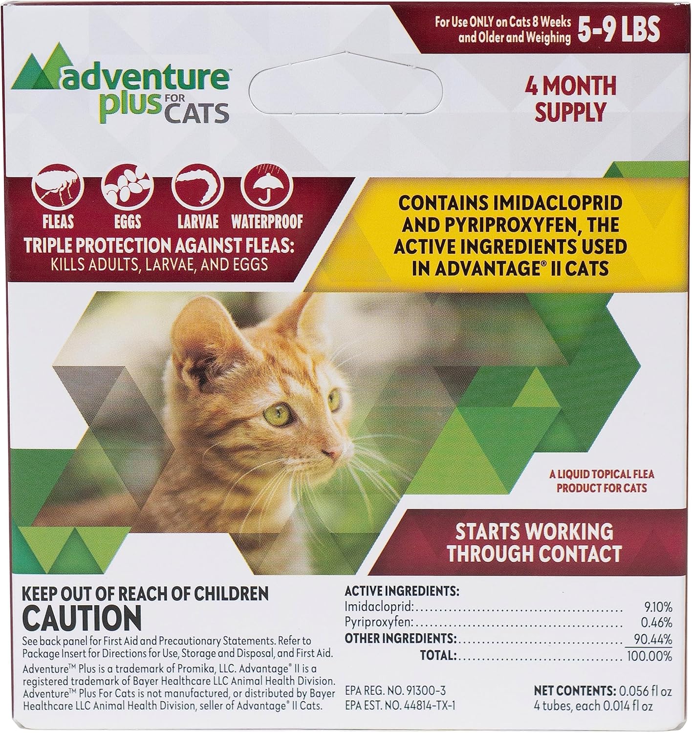 Adventure Plus Triple Flea Protection for Cats – Spot on Flea  Tick Prevention for Cats 9lbs  over – 4 Doses