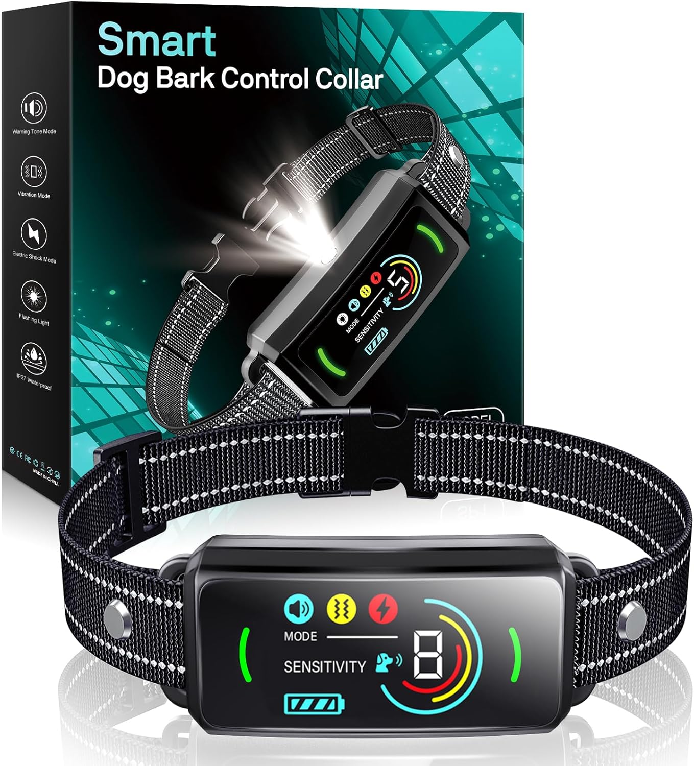 AI Dog Bark Collar with Flashing Light,Beep,Vibration,and Optional Shock,Rechargeable Anti-Bark Collar with 6 Adjustable Sensitivity,Waterproof Barking Collar,Bark Collar for Large Medium Small Dog