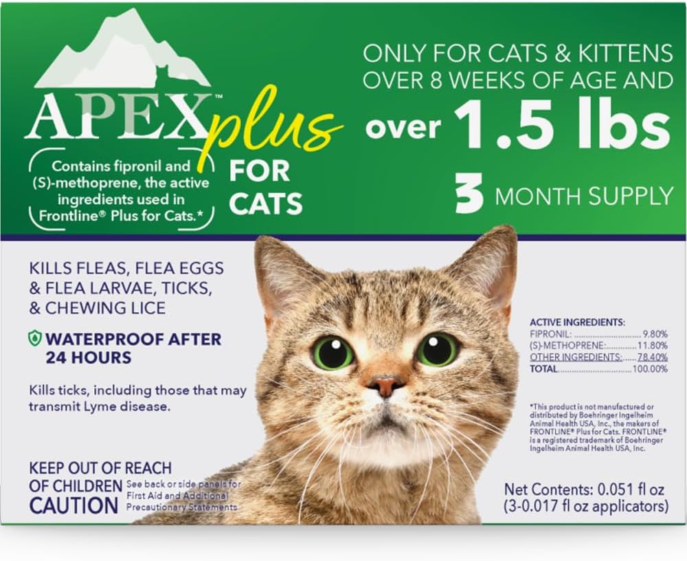 Apex Plus Flea Treatment for Cats, 1.5+ lbs | 3-Month Supply | Cat Flea and Tick Treatment Drops | 24-Hour Activation, Waterproof, 30-Day Protection