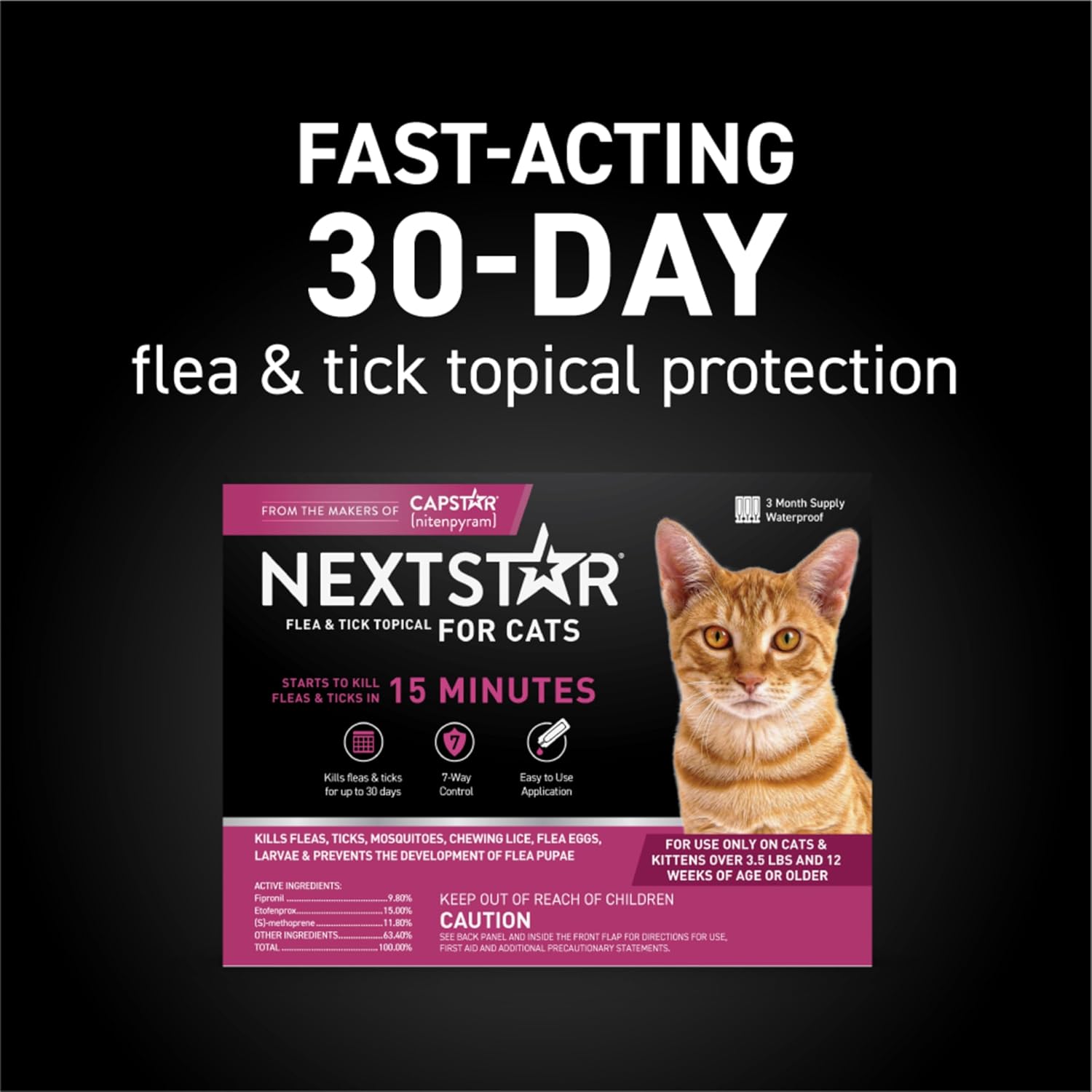 Flea and Tick Prevention for Cats, Repellent, and Control, Fast Acting Waterproof Topical Drops for Cats Over 3.5 lbs, 1 Month Dose