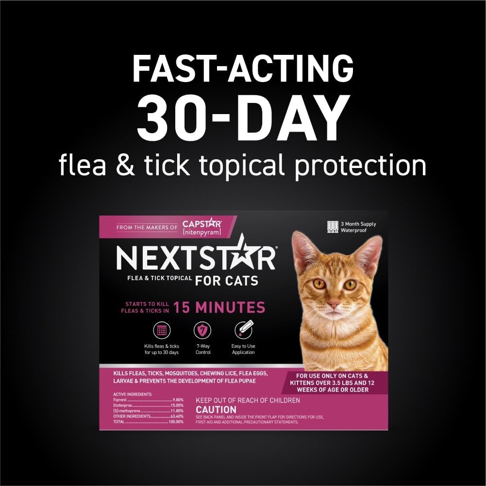 Flea and Tick Prevention for Cats, Repellent, Treatment, and Control, Fast Acting Waterproof Topical Drops for Cats Over 3.5 lbs, 3 Month Dose