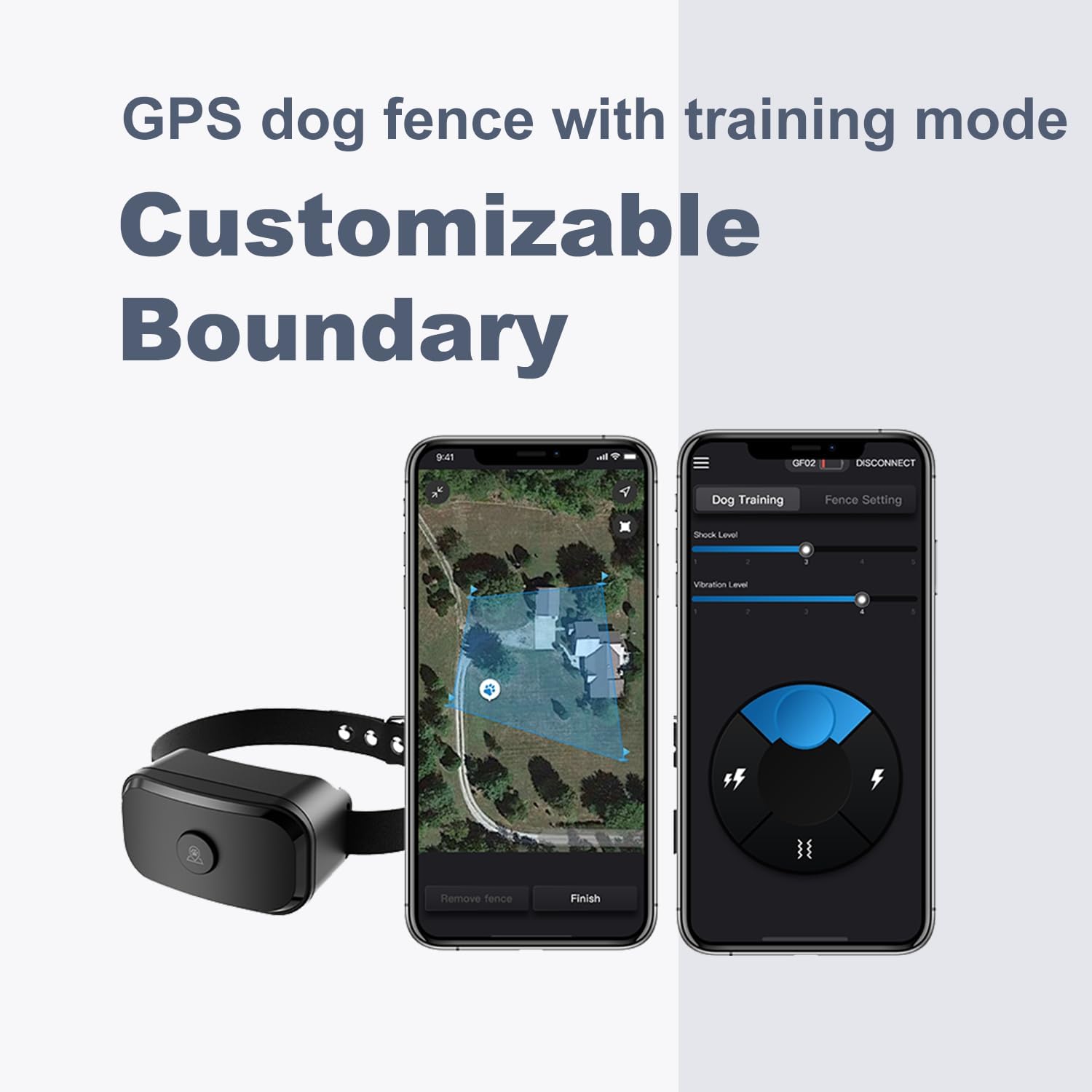 GF02 - Customizable GPS Dog Fence with Remote Training, No Subscription Required, Set Up Boundary in 1 Minute with App, Waterproof GPS Dog Collar System, Long Battery Life