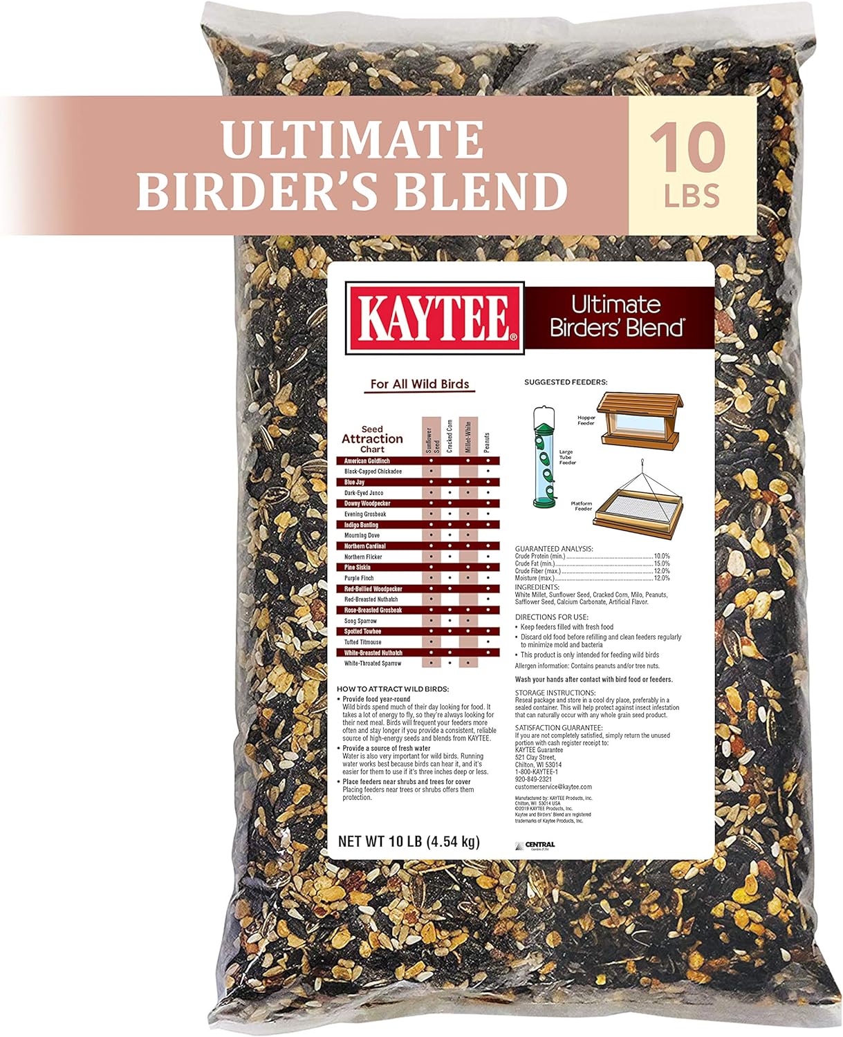 Kaytee Wild Bird Ultimate Birders Blend Food Seed For Grosbeaks, Cardinals, Nuthatches, Woodpeckers  Other Wild Birds, 10 Pound