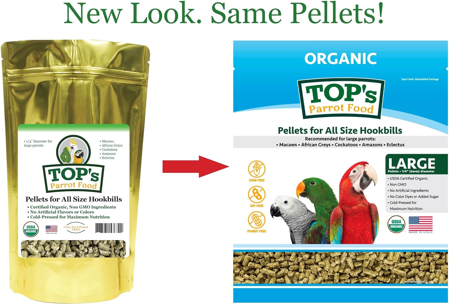 TOPs Parrot Food Pellets Hookbills, Small, Medium, Large Birds - Non-GMO, Peanut Soy  Corn Free, USDA Organic Certified - 1 lb / 453 g