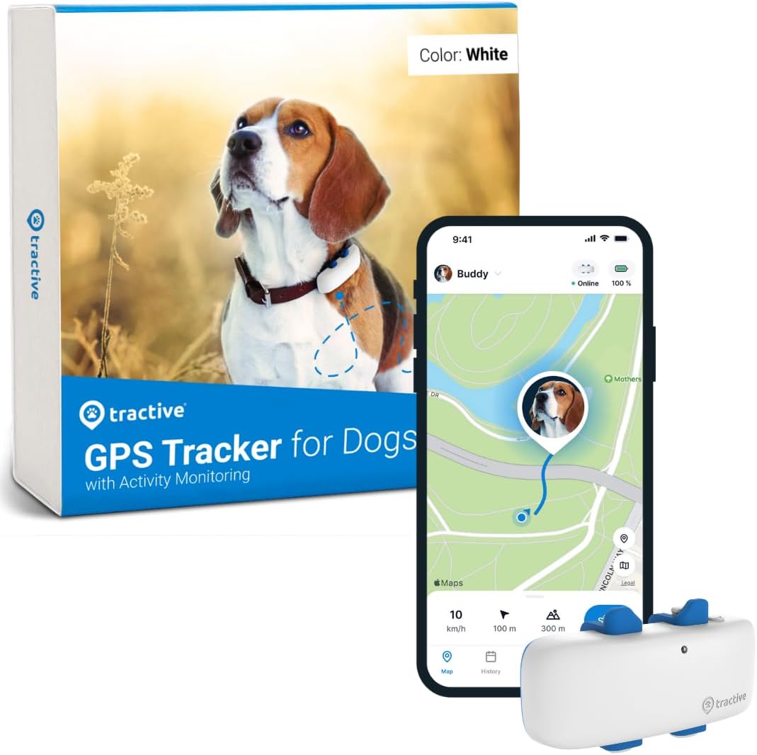 Tractive GPS Tracker for Dogs - Waterproof, GPS Location  Smart Pet Activity Tracker, Unlimited Range, Works with Any Collar (White)