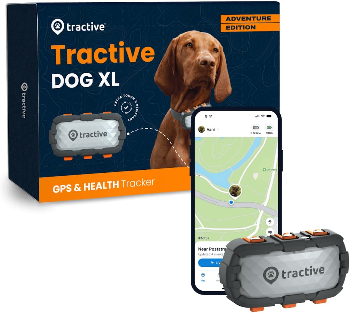 Tractive XL GPS Tracker  Health Monitoring for Dogs (50 lbs+) - Market Leading Pet GPS Location Tracker | Wellness  Escape Alerts | Waterproof | Works with Any Collar (Adventure Edition)